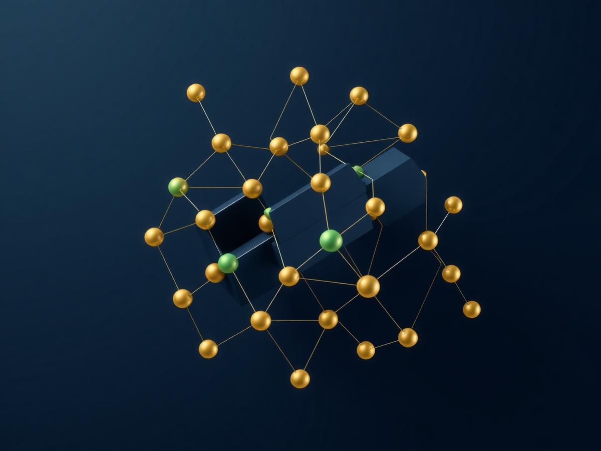 Interconnected gold and emerald nodes forming a modular growth structure