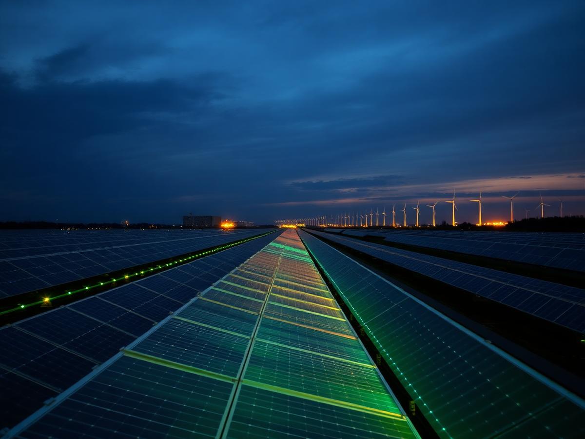 Solar array at dusk with distant wind turbines under a navy sky
