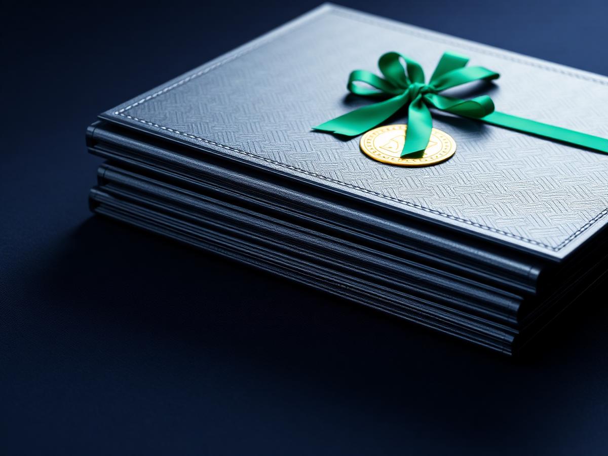 Stacked embossed folios with a gold seal and emerald ribbon on navy