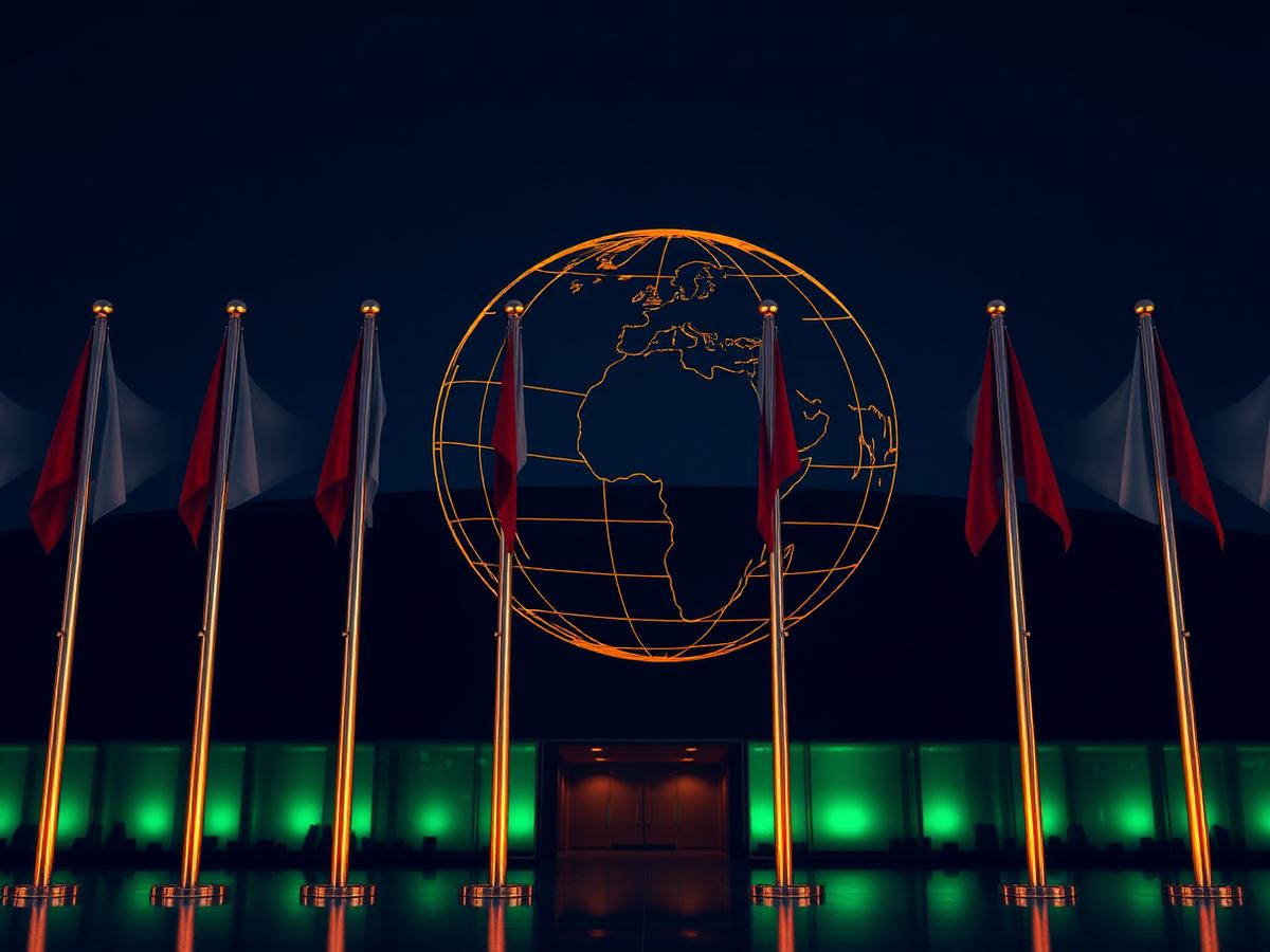 Row of flagpoles before a gold globe wireframe at night