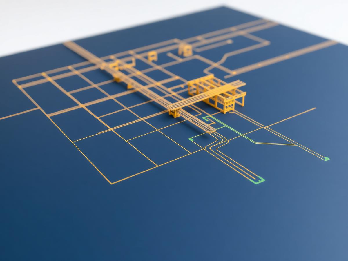 Architectural infrastructure model with gold schedule grid on navy
